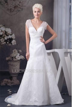 Wonderful A-Line Sleeveless V-Neck Satin Lace Wedding Dresses 2031061