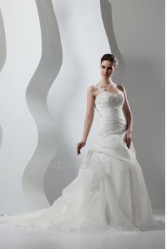 Wonderful Sleeveless A-Line One-Shoulder Satin Organza Lace Wedding Dresses 2031072