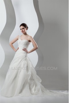 Wonderful Sleeveless A-Line One-Shoulder Satin Organza Lace Wedding Dresses 2031072