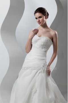 Wonderful Sleeveless A-Line One-Shoulder Satin Organza Lace Wedding Dresses 2031072