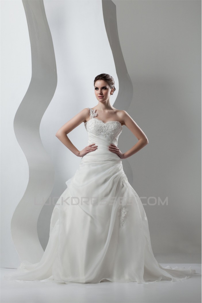 Wonderful Sleeveless A-Line One-Shoulder Satin Organza Lace Wedding Dresses 2031072