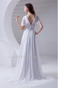 A-Line Chiffon Satin Flared Sleeves V-Neck Wedding Dresses 2031077