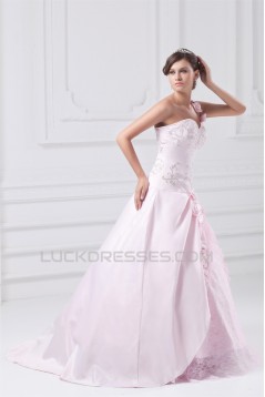 A-Line Satin Lace Sleeveless One-Shoulder Wedding Dresses with Color 2031081