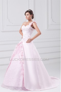 A-Line Satin Lace Sleeveless One-Shoulder Wedding Dresses with Color 2031081