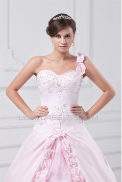 A-Line Satin Lace Sleeveless One-Shoulder Wedding Dresses with Color 2031081