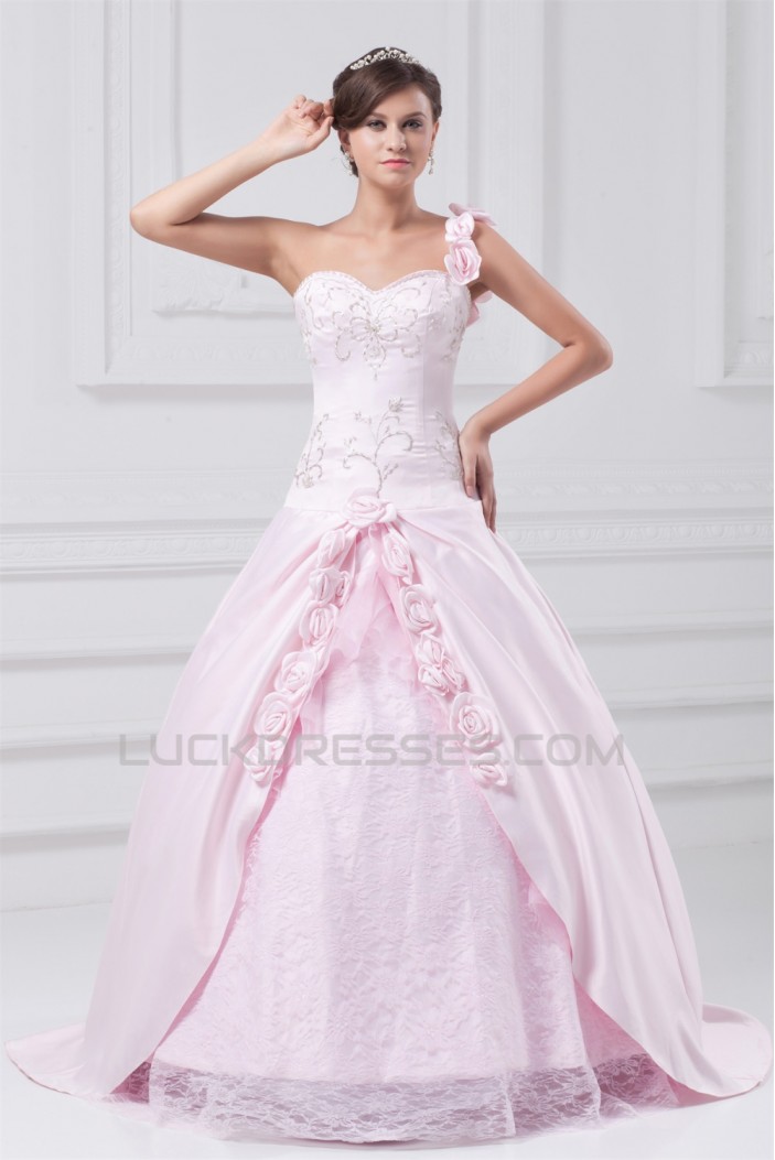 A-Line Satin Lace Sleeveless One-Shoulder Wedding Dresses with Color 2031081