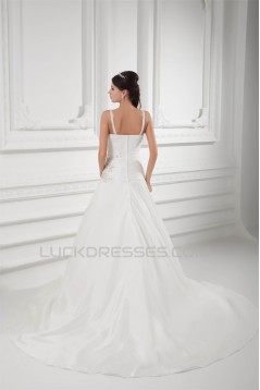 A-Line Sleeveless Taffeta Spaghetti Straps Beaded Wedding Dresses 2031088