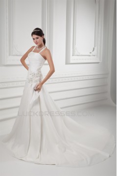 A-Line Sleeveless Taffeta Spaghetti Straps Beaded Wedding Dresses 2031088