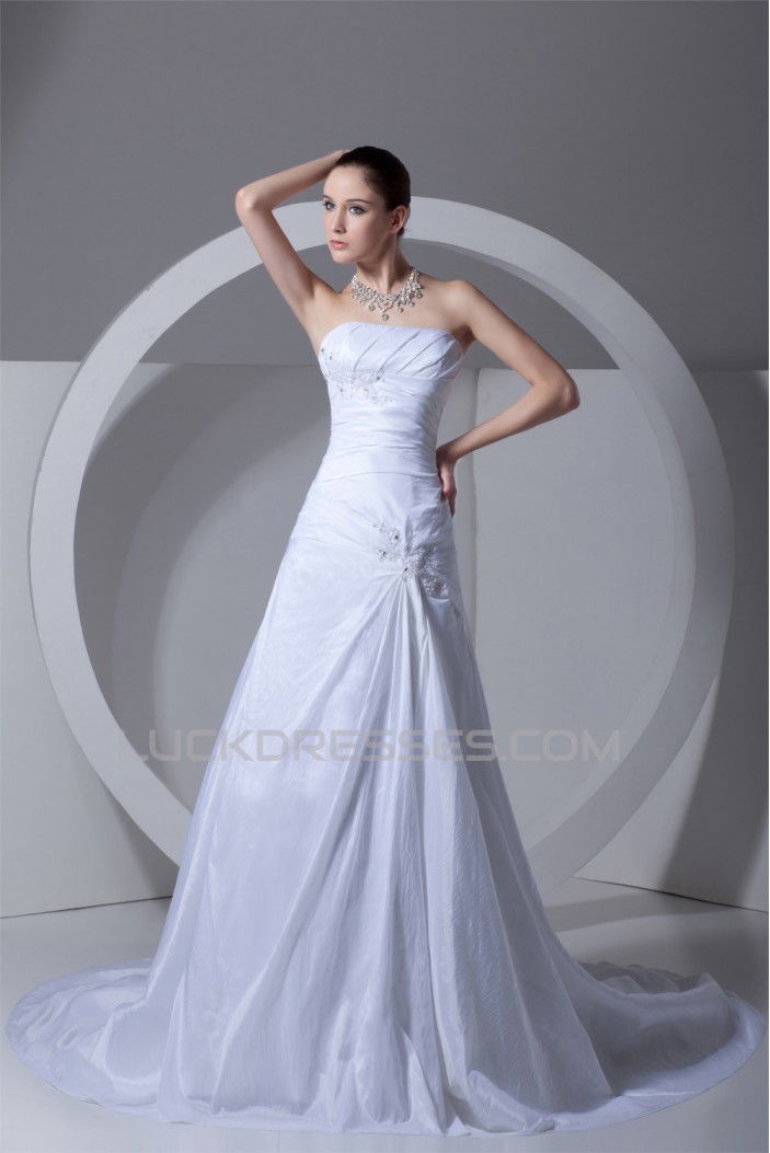 A-Line Sleeveless Taffeta Strapless Beaded Lace Wedding Dresses 2031089