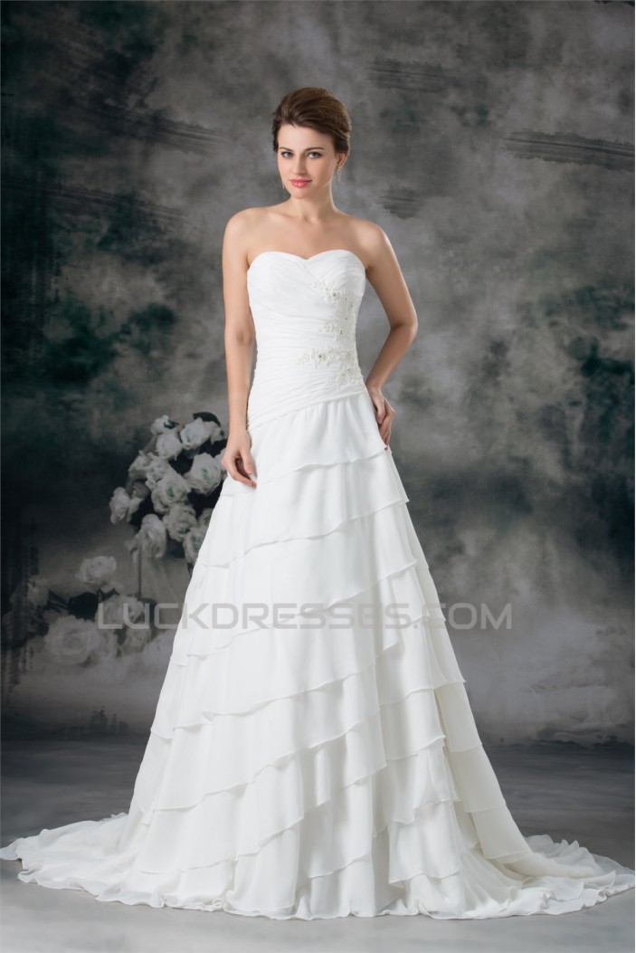 A-Line Strapless Chiffon Satin Sleeveless Beaded Wedding Dresses 2031092