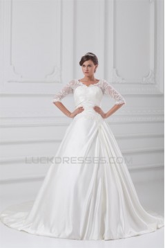 A-Line V-Neck Half Elbow Sleeve Lace Taffeta Embellished Wedding Dresses 2031100