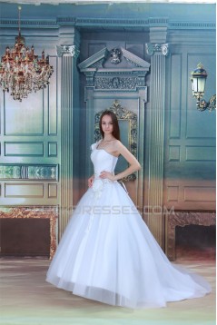 Amazing One-Shoulder Satin Netting A-Line Beaded Wedding Dresses 2031108