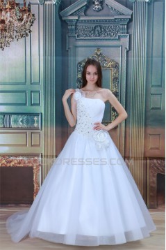 Amazing One-Shoulder Satin Netting A-Line Beaded Wedding Dresses 2031108