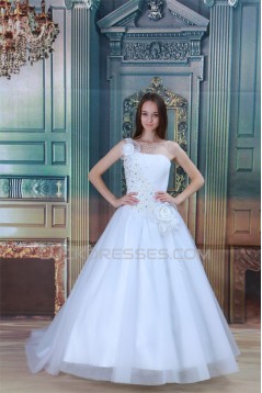 Amazing One-Shoulder Satin Netting A-Line Beaded Wedding Dresses 2031108