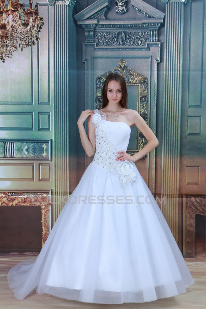 Amazing One-Shoulder Satin Netting A-Line Beaded Wedding Dresses 2031108