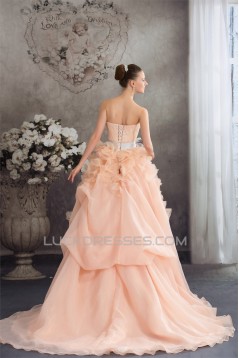 A-Line Court Train Handmade Flowers Wedding Dresses with Color 2030111