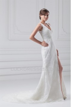 Amazing Sleeveless Sheath/Column Satin Lace V-Neck Wedding Dresses 2031116