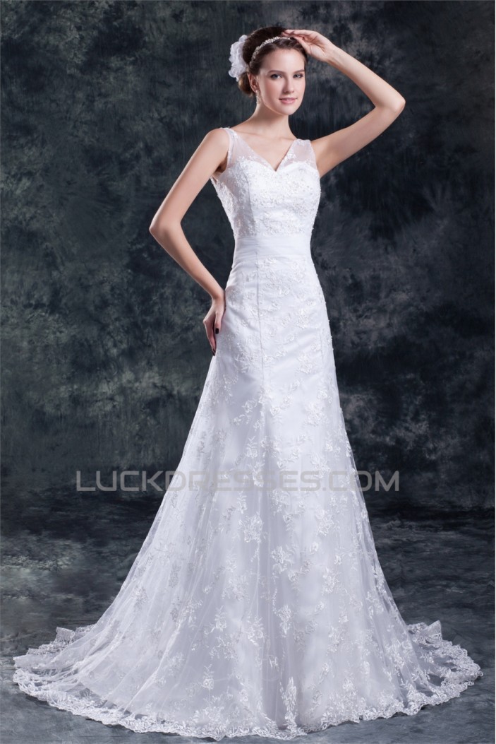 Amazing V-Neck A-Line Satin Lace Sweet Wedding Dresses 2031119