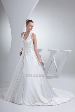 A-Line Halter Court Train Beaded Applique Satin Wedding Dresses 2030112