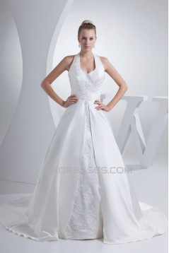 A-Line Halter Court Train Beaded Applique Satin Wedding Dresses 2030112