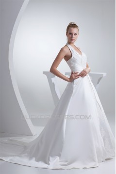 A-Line Halter Court Train Beaded Applique Satin Wedding Dresses 2030112