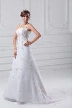 Beautiful Sleeveless Satin Organza A-Line Halter Wedding Dresses 2031135