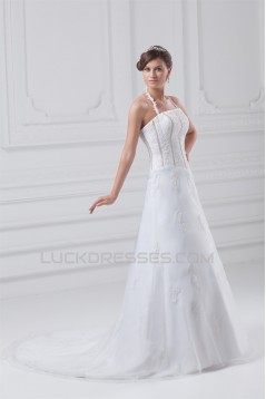 Beautiful Sleeveless Satin Organza A-Line Halter Wedding Dresses 2031135