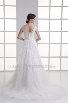 Bowl A-Line Capped Sleeves Satin Fine Netting Lace Wedding Dresses 2031138