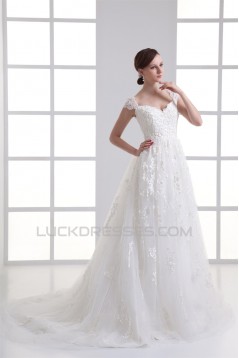 Bowl A-Line Capped Sleeves Satin Fine Netting Lace Wedding Dresses 2031138