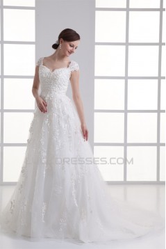 Bowl A-Line Capped Sleeves Satin Fine Netting Lace Wedding Dresses 2031138