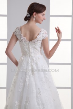 Bowl A-Line Capped Sleeves Satin Fine Netting Lace Wedding Dresses 2031138