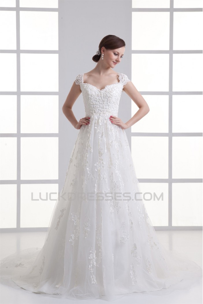 Bowl A-Line Capped Sleeves Satin Fine Netting Lace Wedding Dresses 2031138