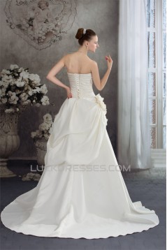 A-Line Strapless Court Train Beaded Lace Wedding Dresses 2030114