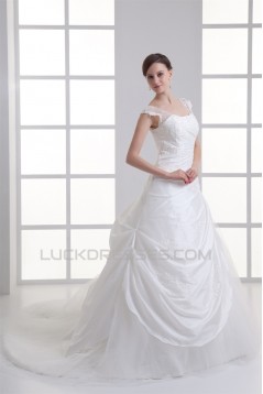 Capped Sleeves Taffeta Fine Netting Ball Gown Wedding Dresses 2031145