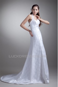 Charming A-Line Satin Lace Halter Sleeveless Sweet Wedding Dresses 2031146