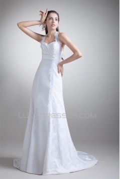 Charming A-Line Satin Lace Halter Sleeveless Sweet Wedding Dresses 2031146