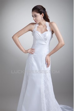 Charming A-Line Satin Lace Halter Sleeveless Sweet Wedding Dresses 2031146