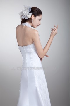 Charming A-Line Satin Lace Halter Sleeveless Sweet Wedding Dresses 2031146