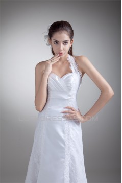 Charming A-Line Satin Lace Halter Sleeveless Sweet Wedding Dresses 2031146