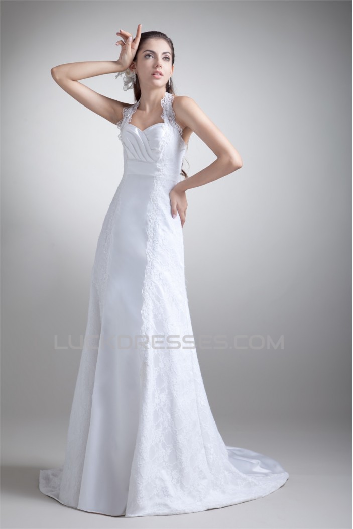 Charming A-Line Satin Lace Halter Sleeveless Sweet Wedding Dresses 2031146