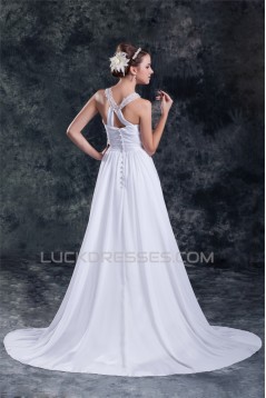 Chiffon Satin A-Line Sleeveless Scoop Sweep Train Wedding Dresses 2031149