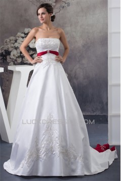 A-Line Strapless Beaded Chapel Train White Red Wedding Dresses 2030115