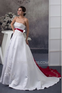 A-Line Strapless Beaded Chapel Train White Red Wedding Dresses 2030115