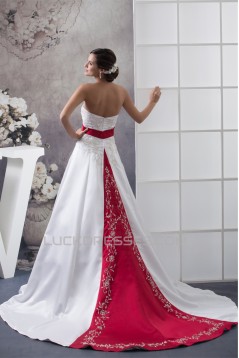 A-Line Strapless Beaded Chapel Train White Red Wedding Dresses 2030115