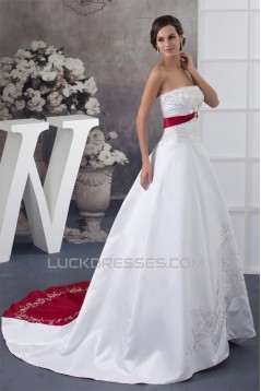 A-Line Strapless Beaded Chapel Train White Red Wedding Dresses 2030115