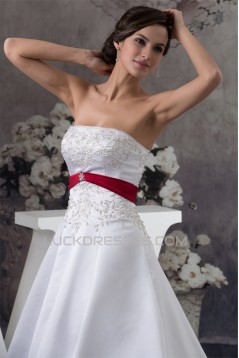 A-Line Strapless Beaded Chapel Train White Red Wedding Dresses 2030115