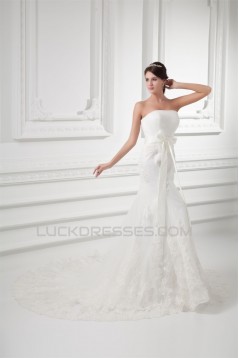 Trumpet/Mermaid Sleeveless Satin Fine Netting Strapless Lace Wedding Dresses 2031162