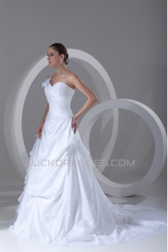 Elegant One-Shoulder A-Line Sleeveless Taffeta Lace Wedding Dresses 2031167