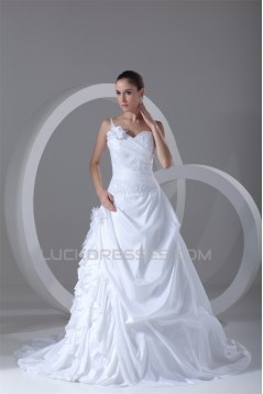 Elegant One-Shoulder A-Line Sleeveless Taffeta Lace Wedding Dresses 2031167