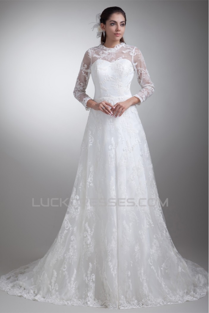 Elegant Satin Lace High-Neck 3/4 Length Sleeve A-Line Lace Wedding Dresses 2031169